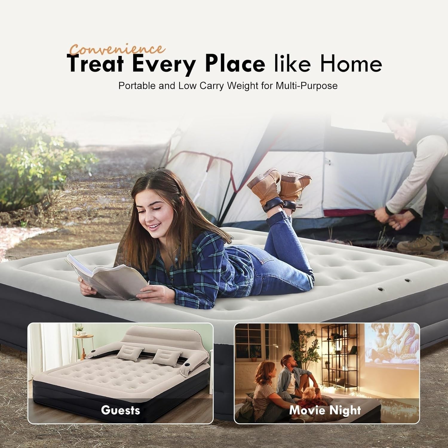 King Size Inflatable Air Bed Mattress w Headboard Pillows Fast Pump