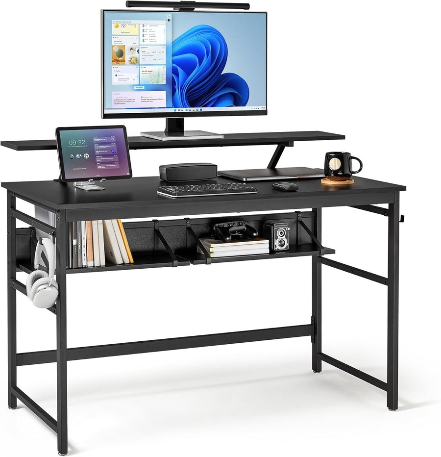 120cm Black Computer Desk with Monitor Stand & Adjustable Shelves