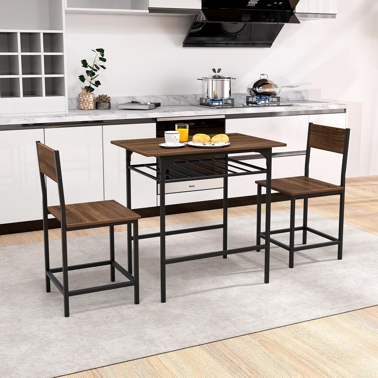 3-Piece Rustic Brown Bar Table Set with 2 Stools & Storage Rack Dining Furniture
