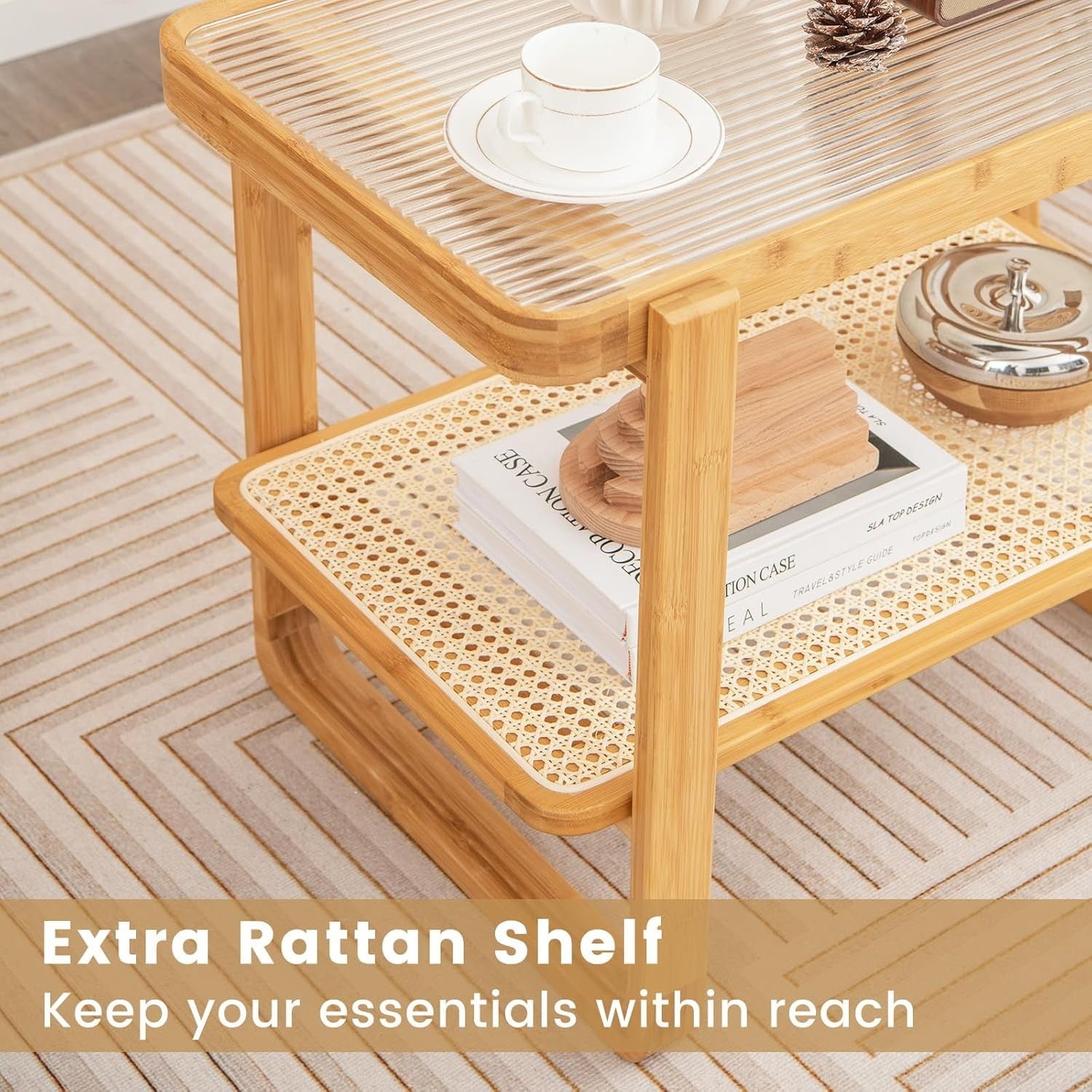 Modern Bamboo Side Table with Tempered Glass Top, 2-Tier Storage Shelf 70x44x55c