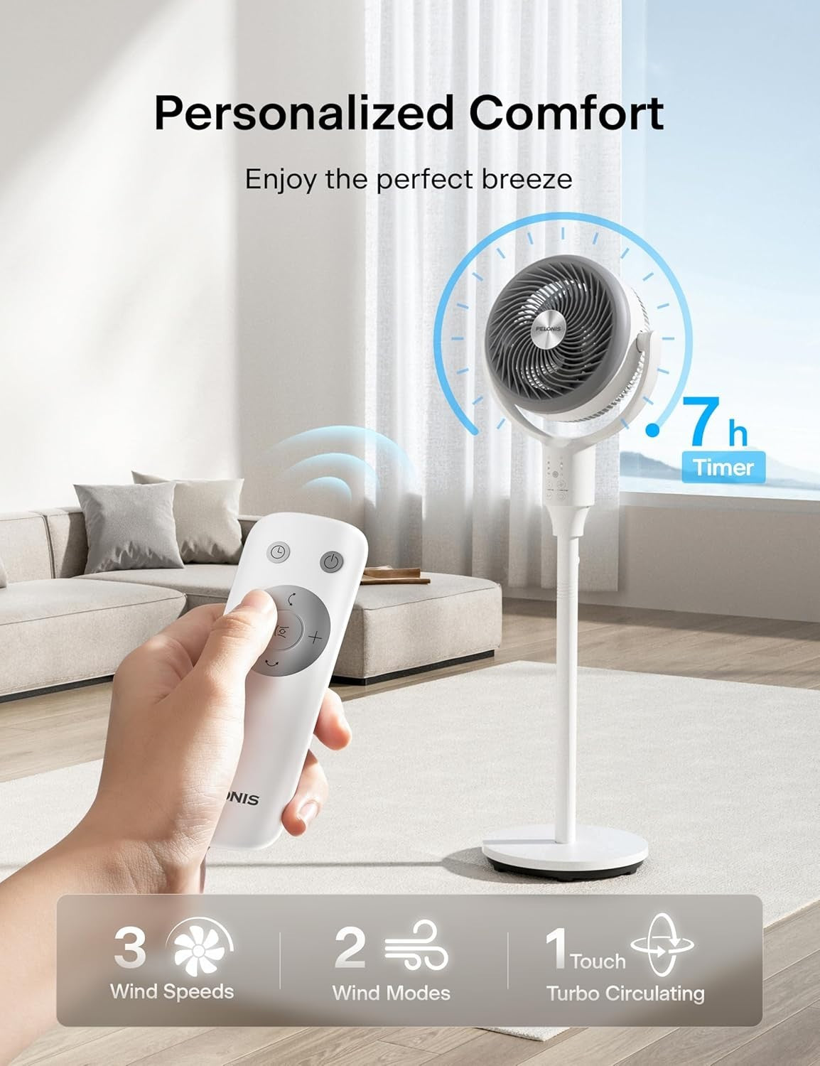 Adjustable Standing Fan White – 3-Speed Quiet Oscillating Air Circulator Remote