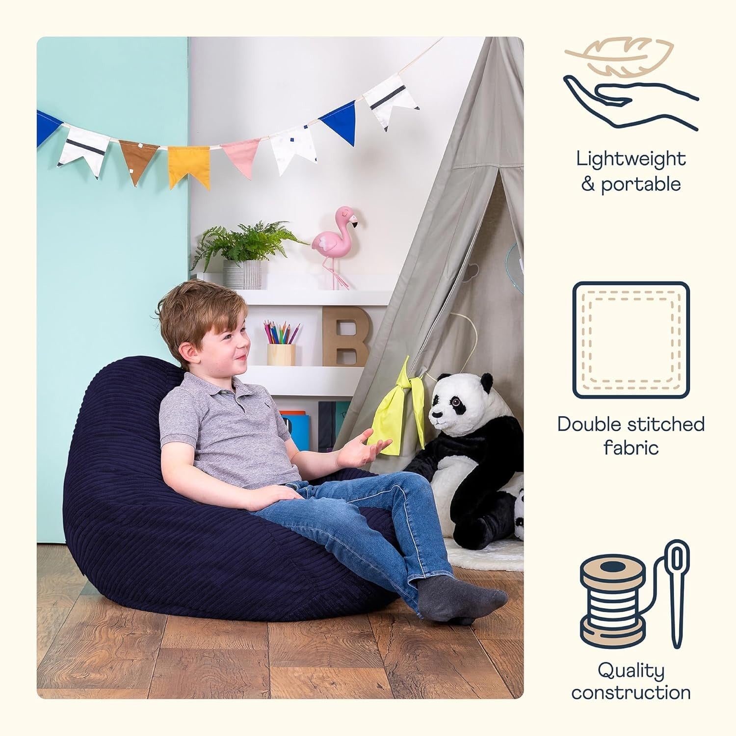 Navy Blue Kids Bean Bag Soft Cord Recliner Seat for Bedroom Lounge Playroom