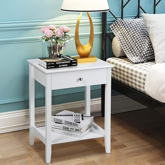 White Wooden Bedside Table with Drawer & Shelf | Compact Modern Nightstand