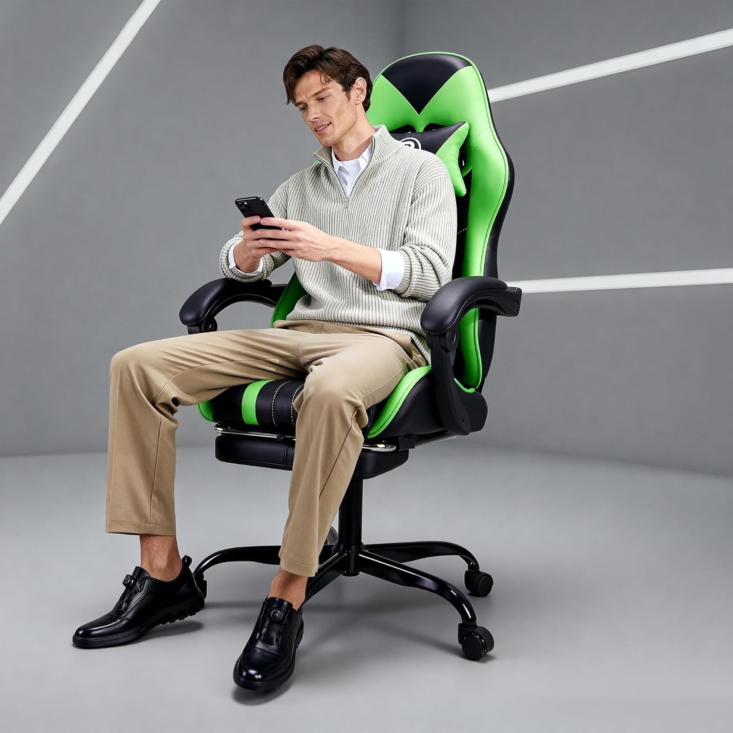 Ergonomic Gaming Chair with Footrest & Lumbar Support – Green PC Seat