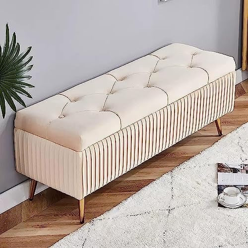 Velvet Storage Bench Ottoman with Gold Legs Tufted Seat 100cm Bedroom Entryway