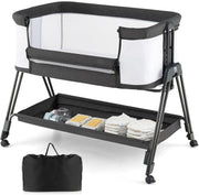 Baby Bedside Crib with Mattress, 7 Height Adjustable, Mesh Sides & Storage Shelf