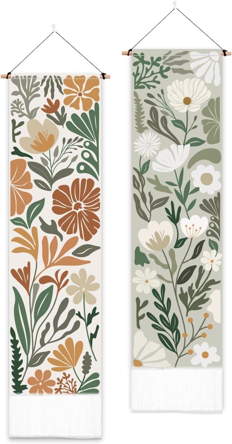 2-Pack Boho Floral Botanical Tapestry 52"x13" Vertical Wall Decor