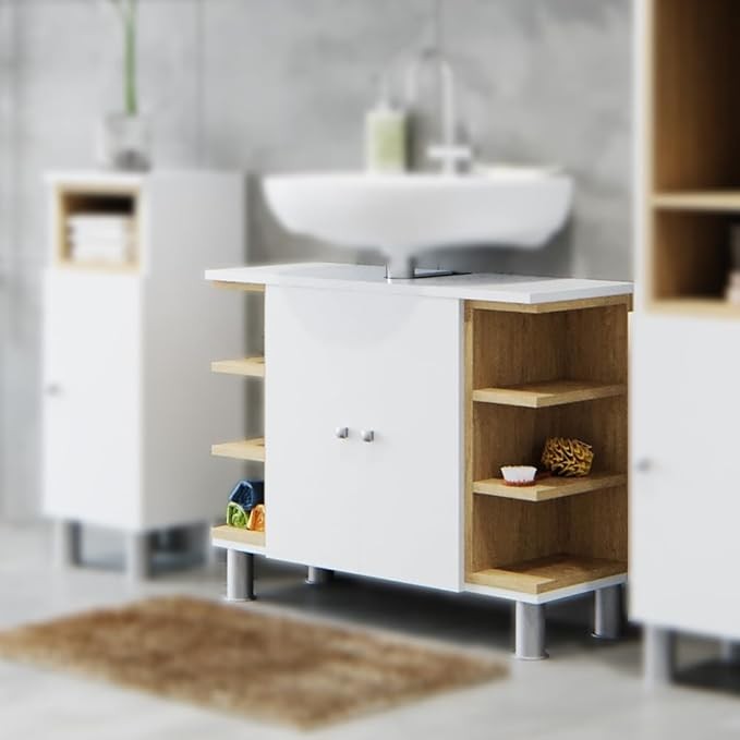 White Bathroom Sink Cabinet 79x64x32cm Oak Vanity Storage Unit with Shelves