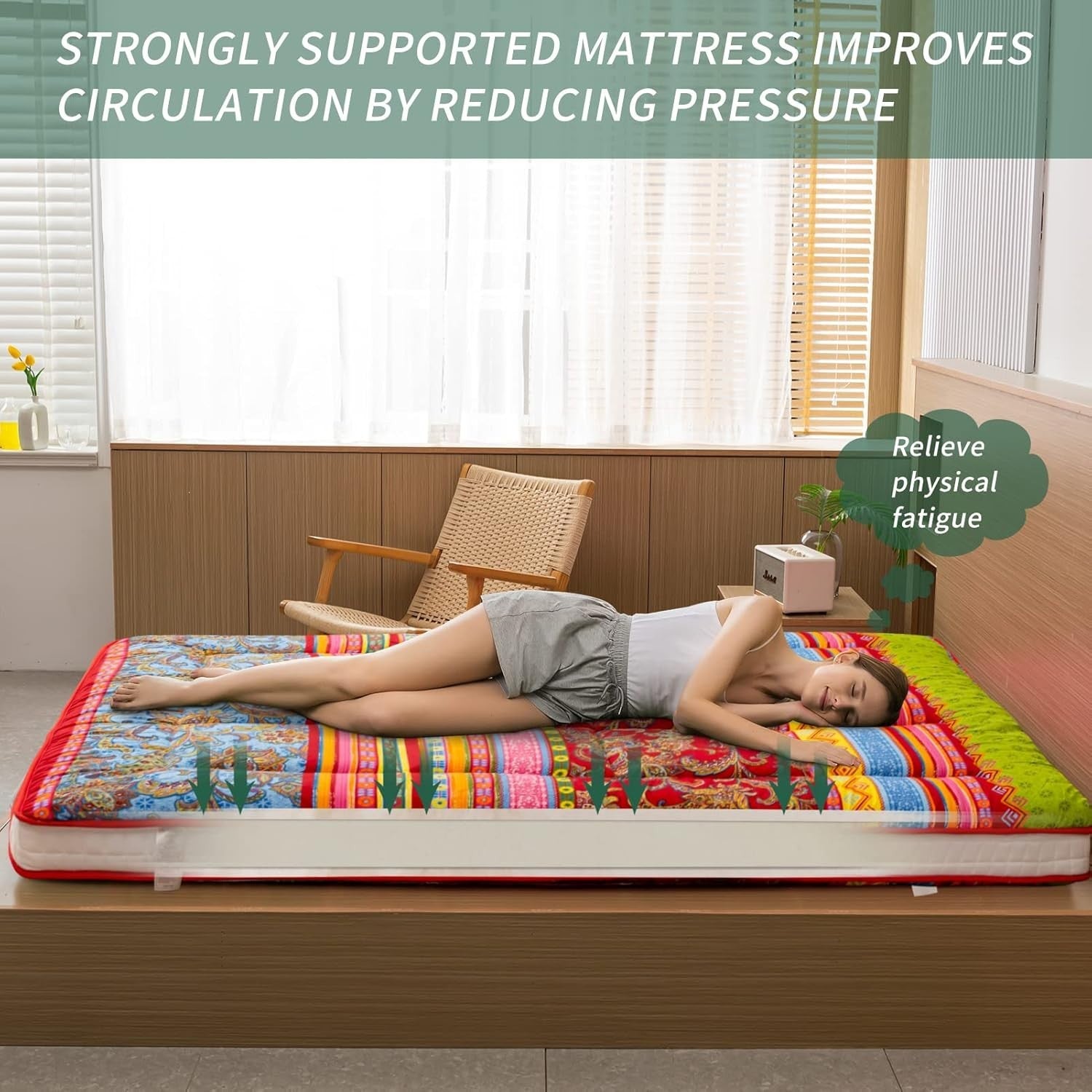 King Size Bohemian Floor Mattress - Thick Japanese Futon, Portable & Comfortable