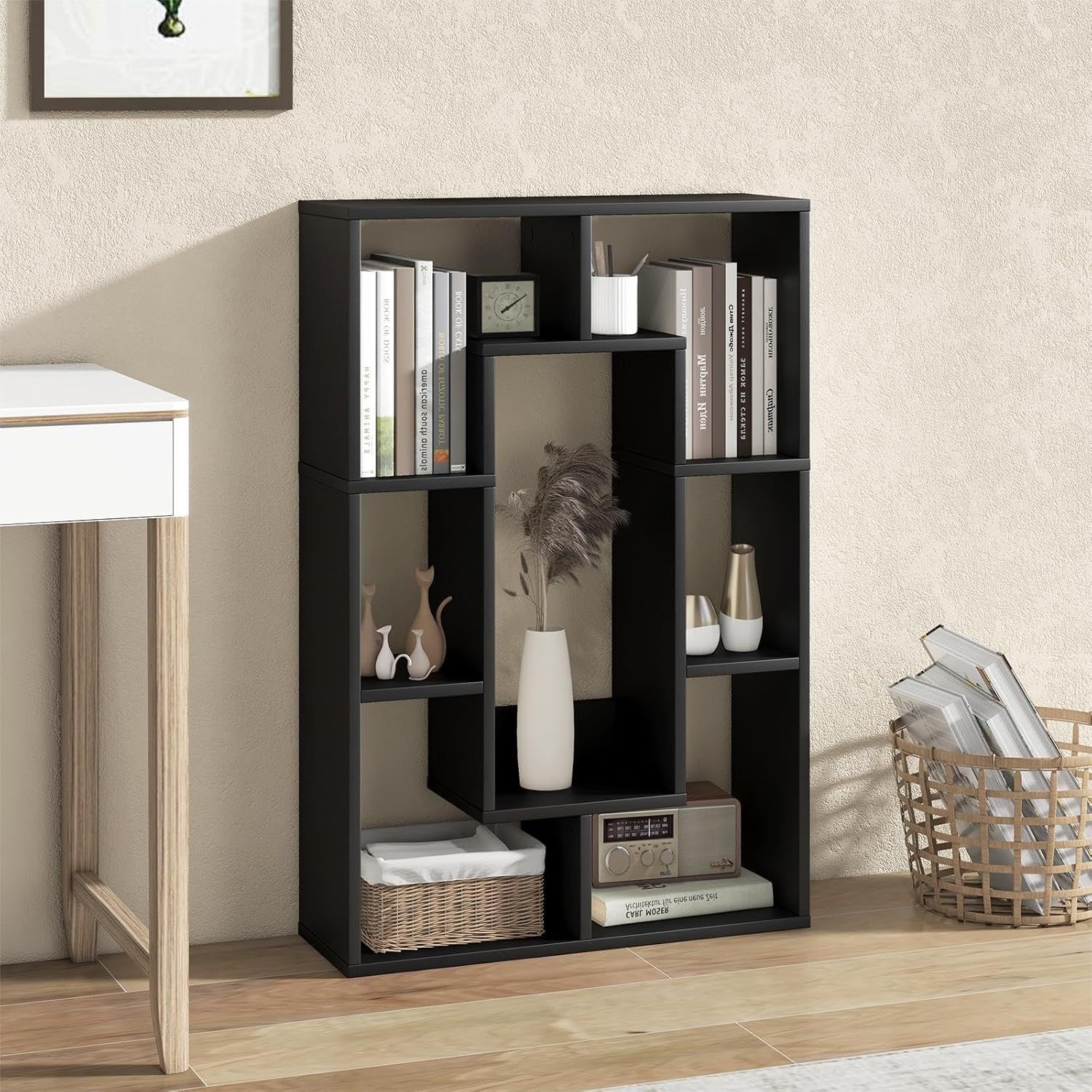 7-Cube Geometric Bookcase Modern Room Divider Storage Display Shelf Black