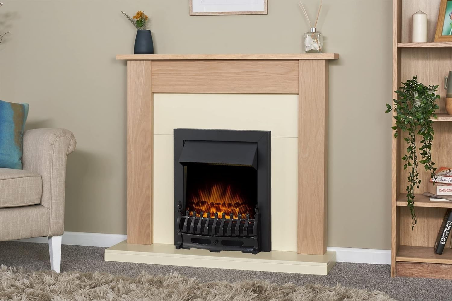 43" Oak & Cream Electric Fireplace Wall Mount Heater 1-2kW LED Flame Effect
