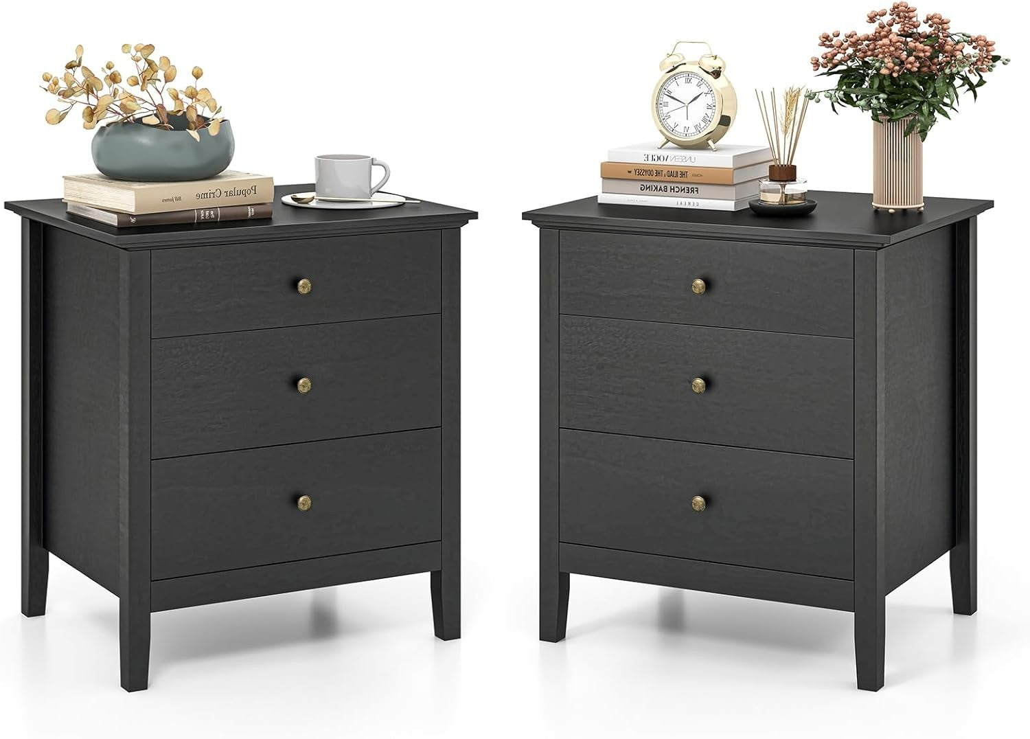Black Wooden 3 Drawer Bedside Table | Modern Storage Cabinet