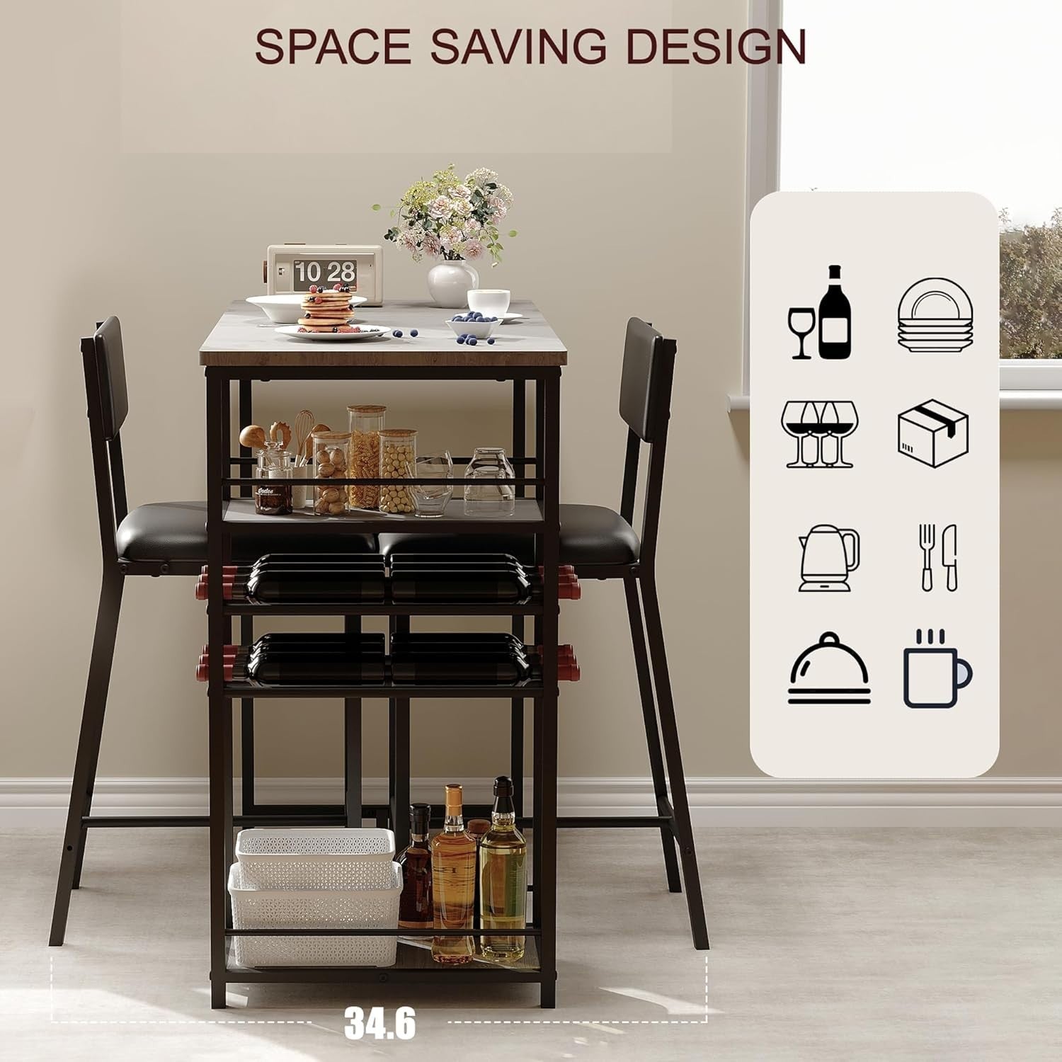 Counter Height Dining Table Set Storage Shelves & 2 Chairs Space Saving Home Set