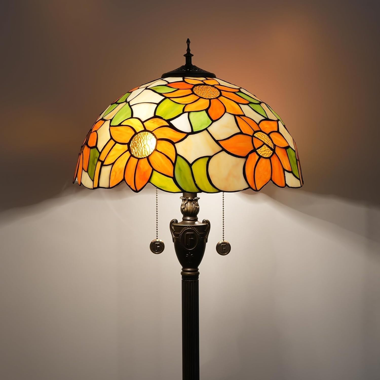 Sunflower Stained Glass Floor Lamp with Foot Switch & Vintage Bronze Base