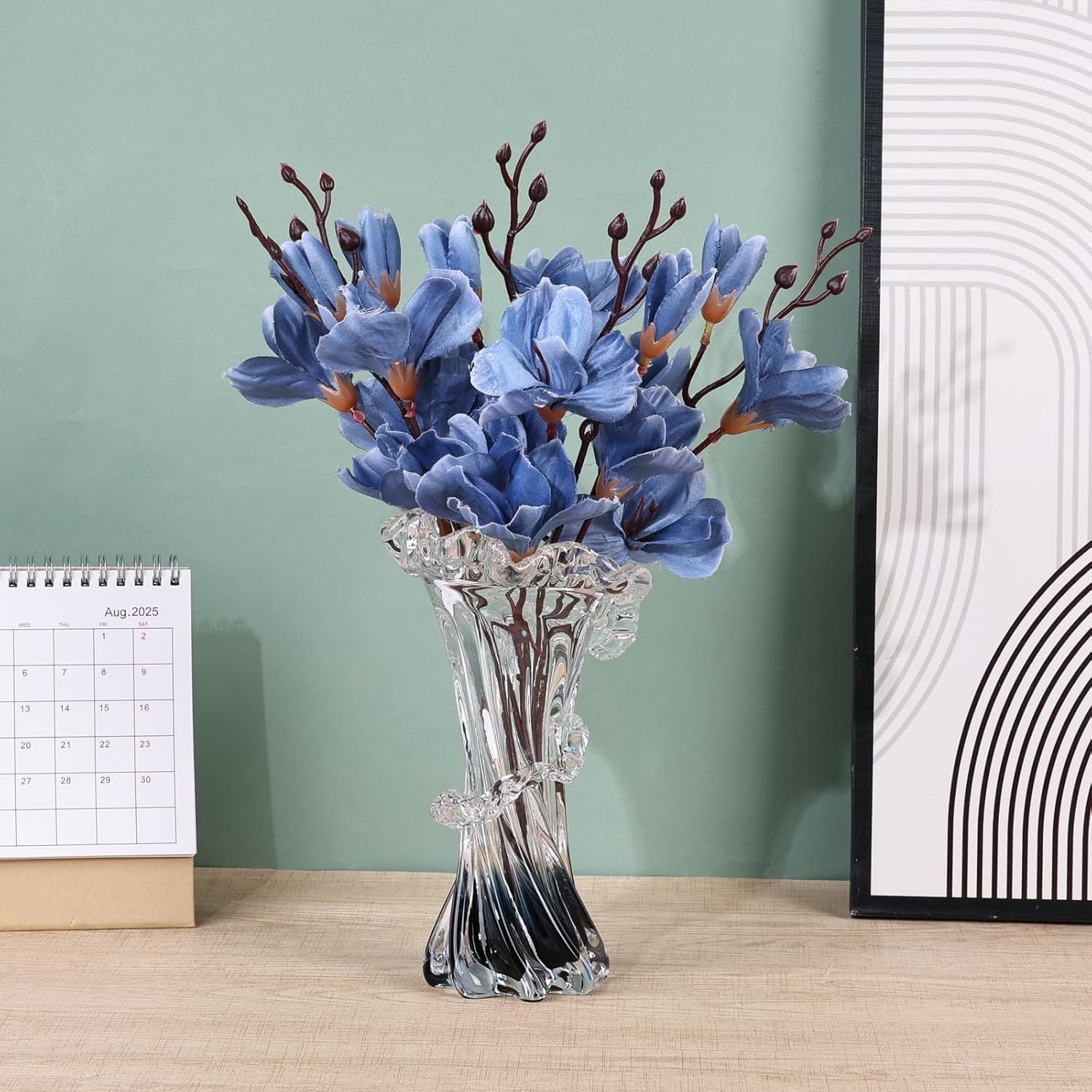 Hand Blown Glass Wave Vase Blue White Modern Art Flower Vase Decor