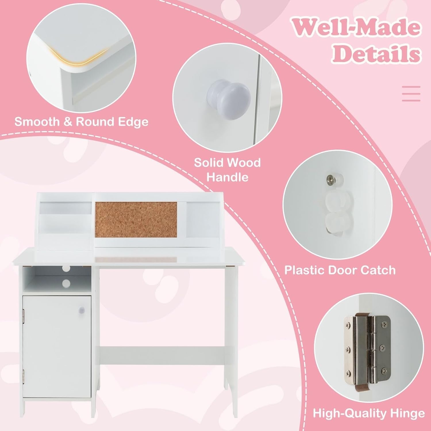 Kids Wooden Study Desk and Chair Set with Storage Whiteboard White