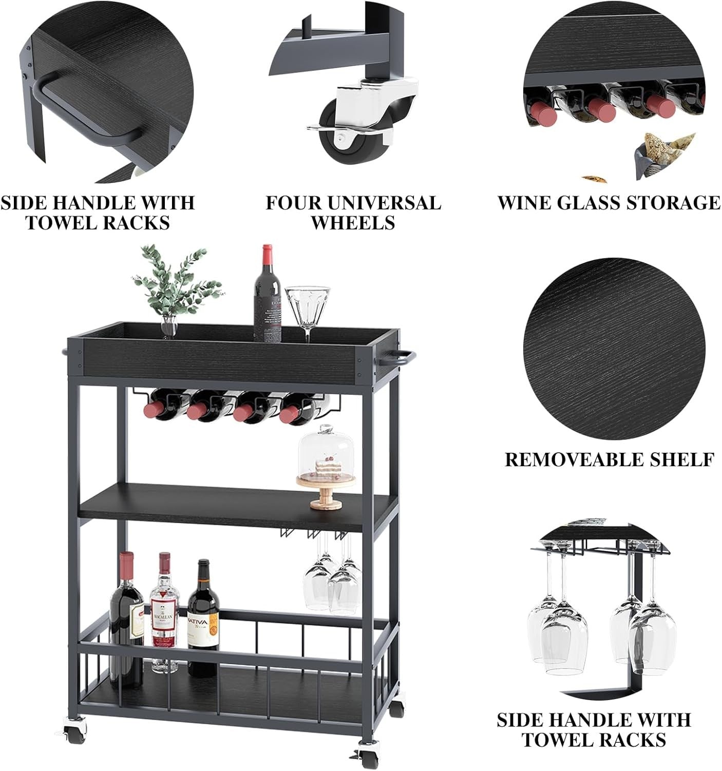 3 Tier Rolling Bar Cart with Wine Rack & Glass Holder Serving Trolley on Wheels
