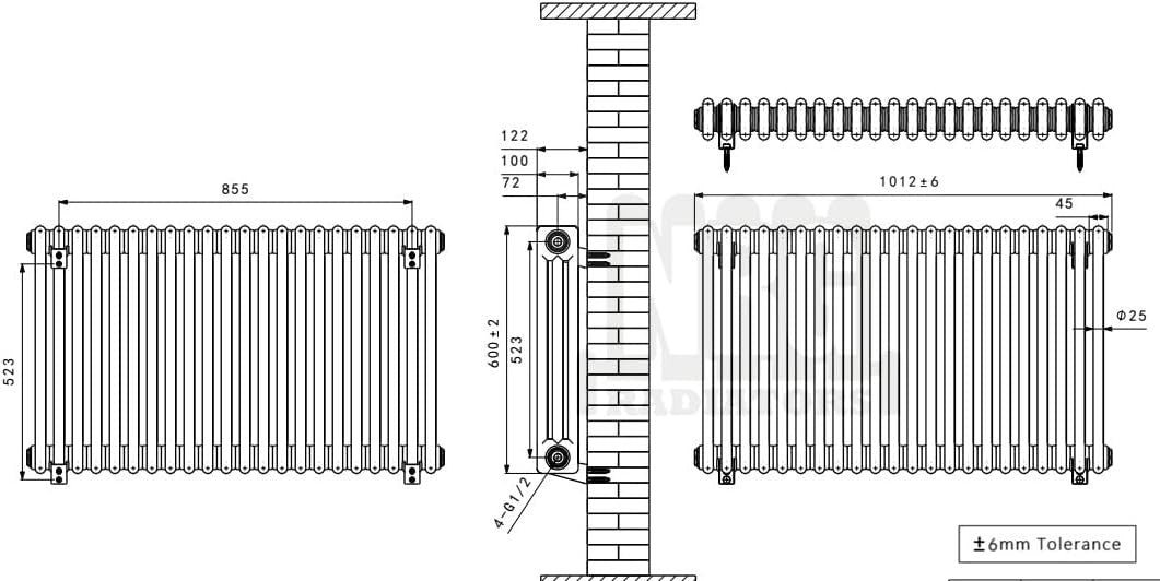 Gloss White 3 Column Radiator 600x1012mm Central Heating Bathroom