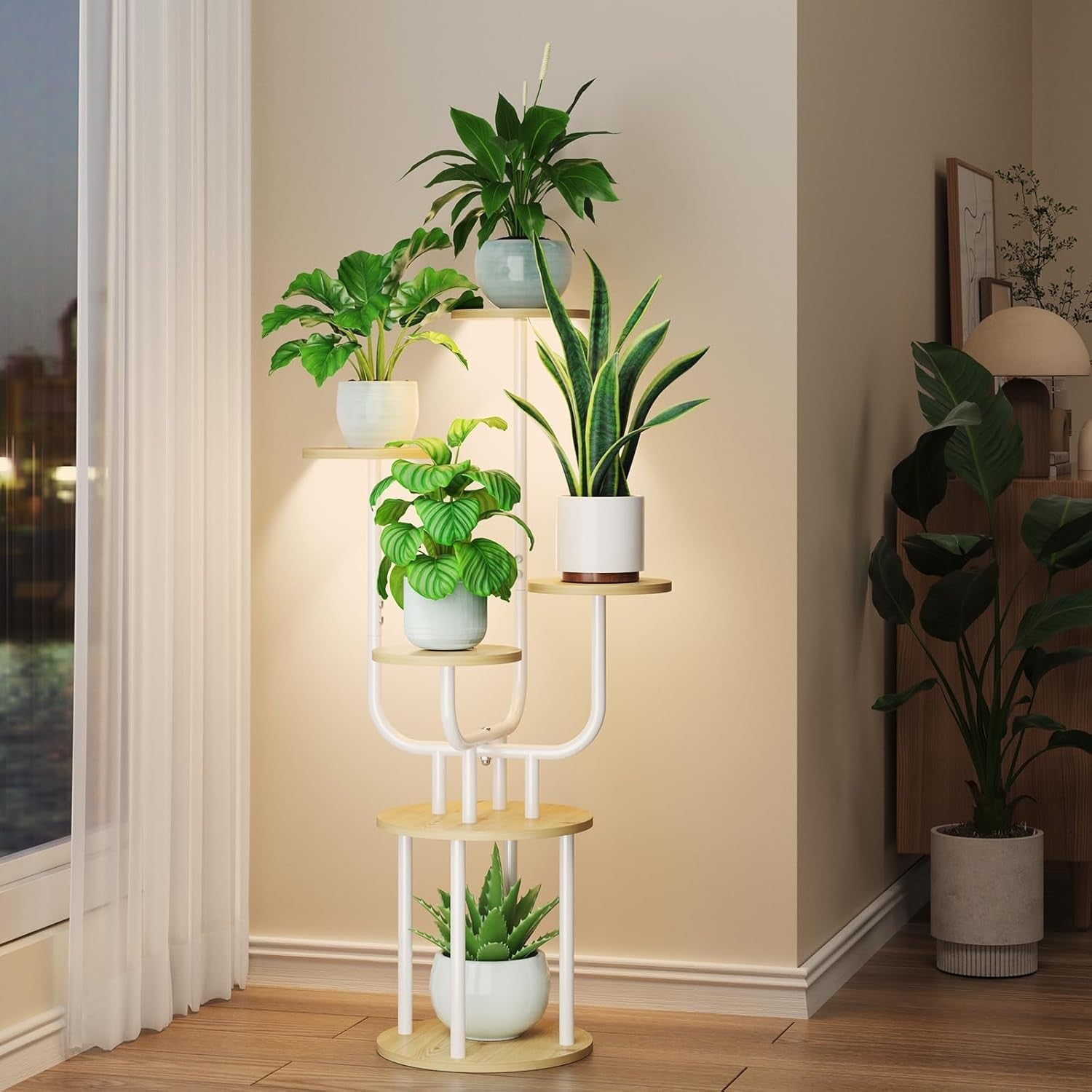 6 Tier Metal Wood Plant Stand White with Grow Light Indoor Corner Shelf Rack