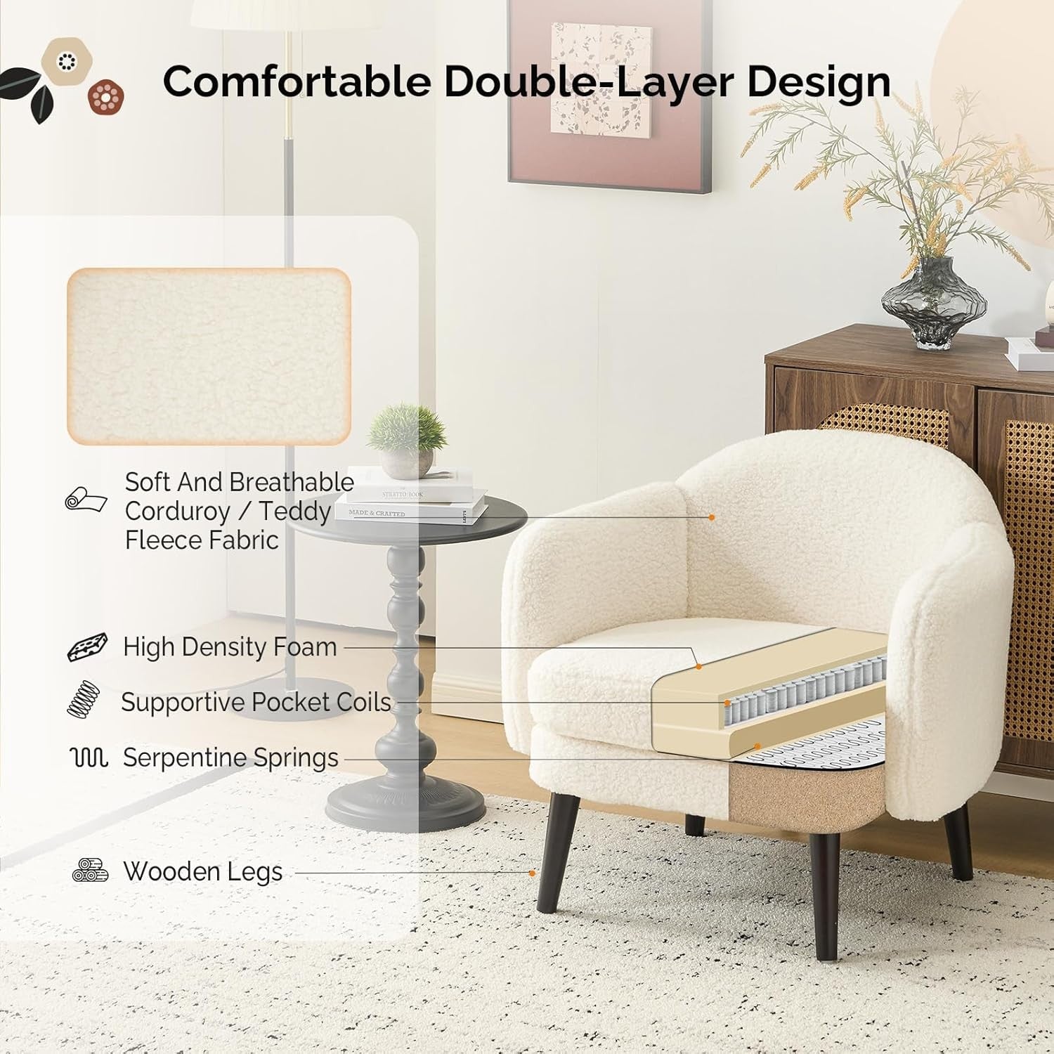 Modern Teddy Fleece Accent Armchair Wide Track Arms Wood Legs White