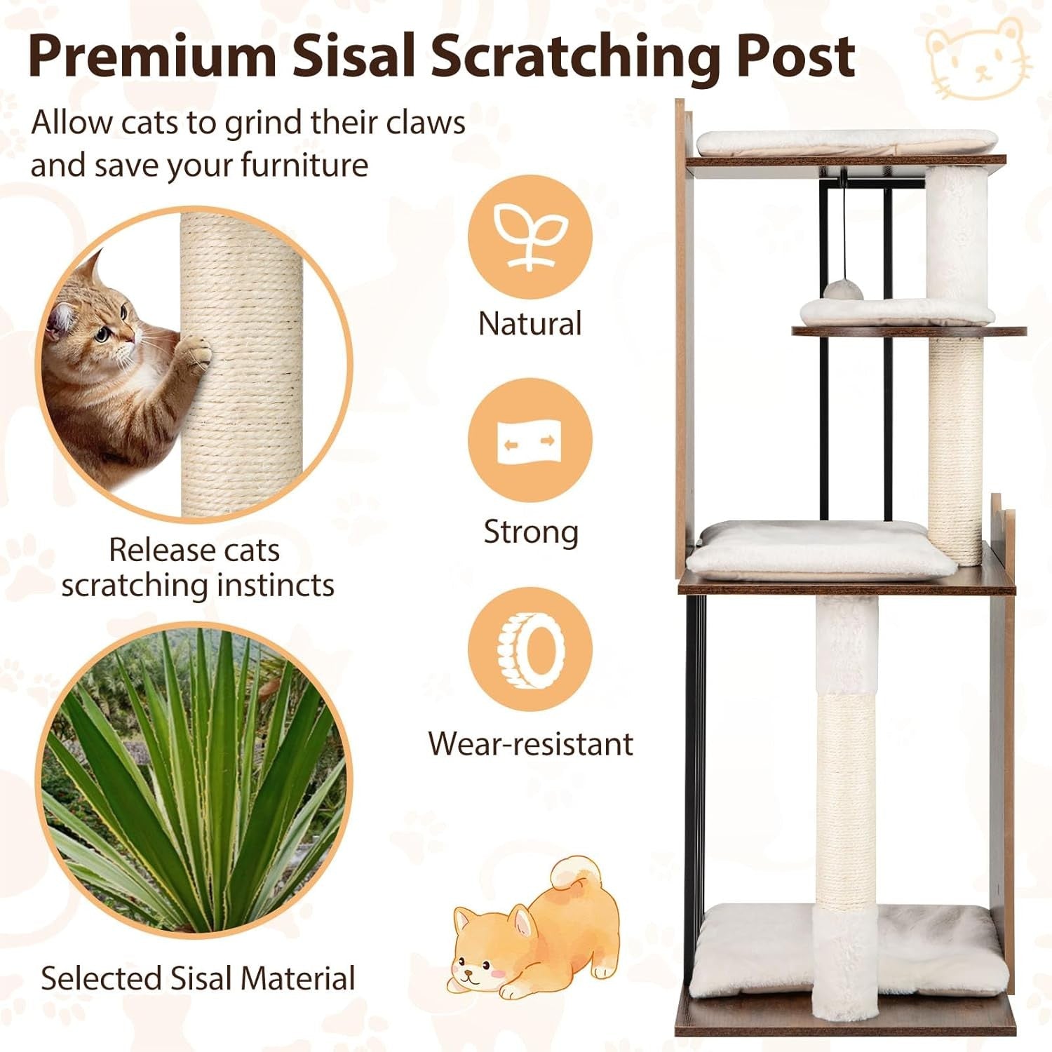 Modern Cat Tree 112cm Multi Level Scratching Tower Rustic Brown
