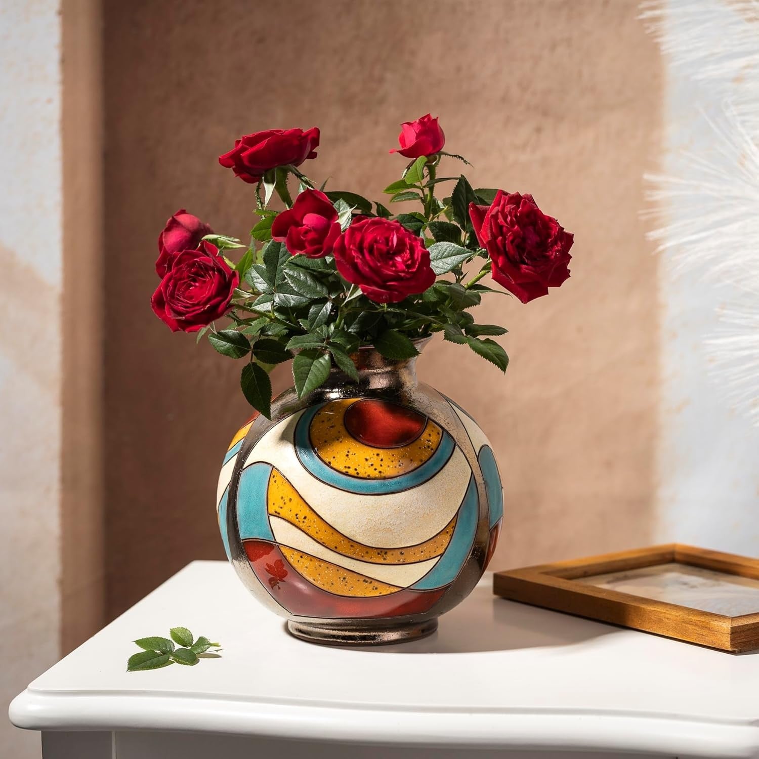 Handmade Ceramic Flower Vase 16cm Round Glazed Art Home Décor Gift