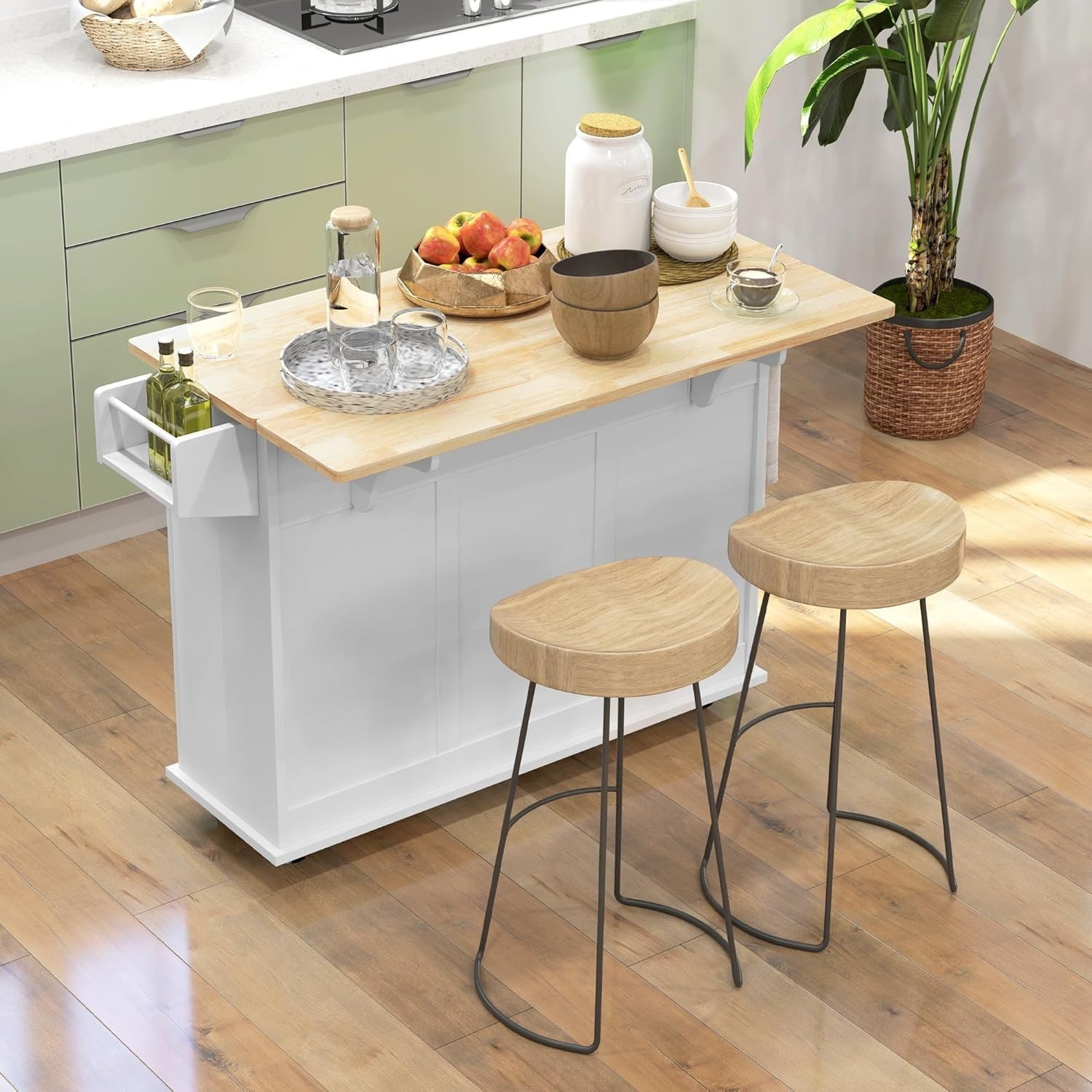 Rolling Kitchen Island Cart with Drop Leaf, 3 Drawers & Spice Rack, White
