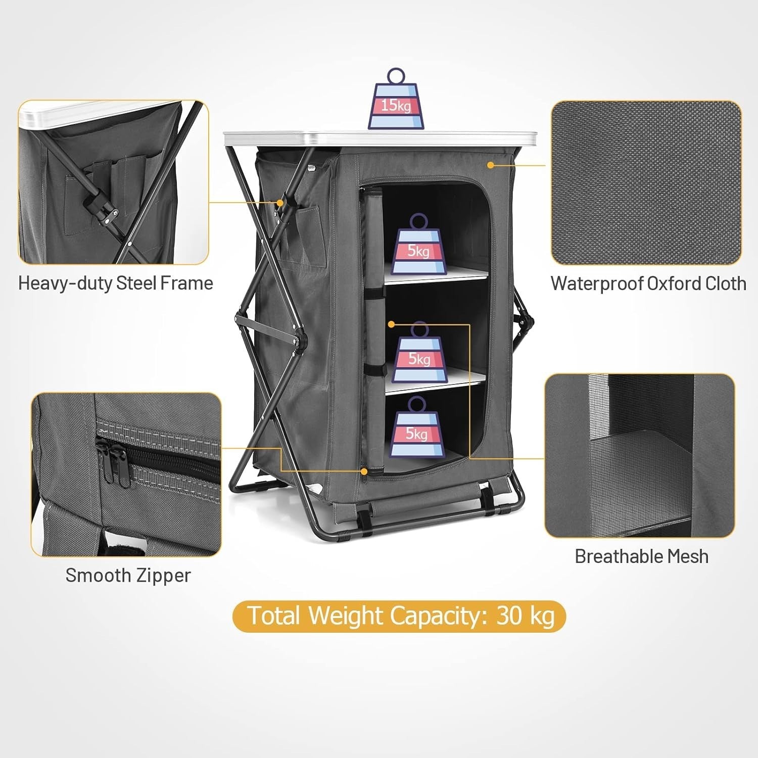 Folding Camping Cupboard Shelves Outdoor Kitchen Unit BBQ Storage 30kg