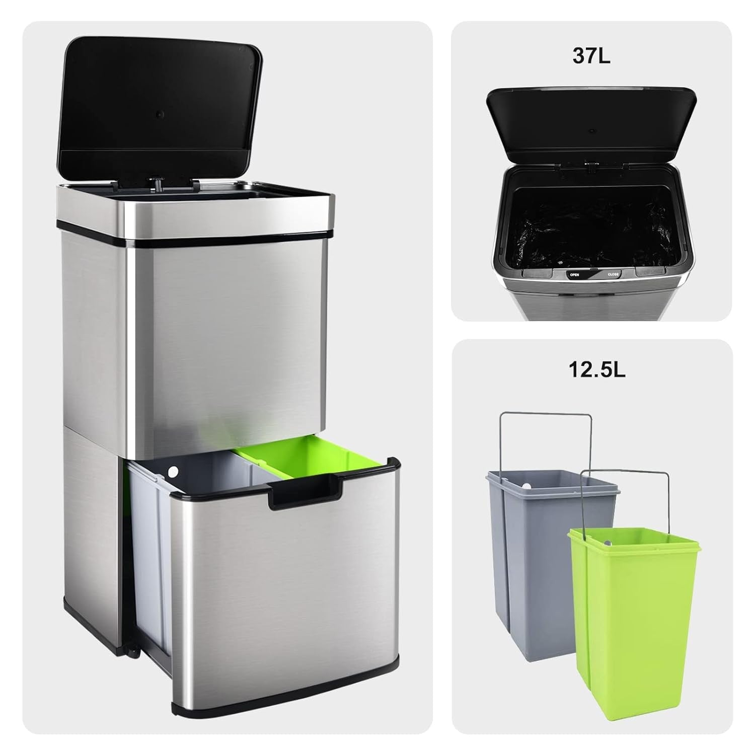 62L Sensor Recycling Bin 3 Compartment Stainless Steel