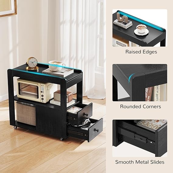 Narrow Bedside Table with Drawers & Shelves, Rolling 3-Tier Side Table Black