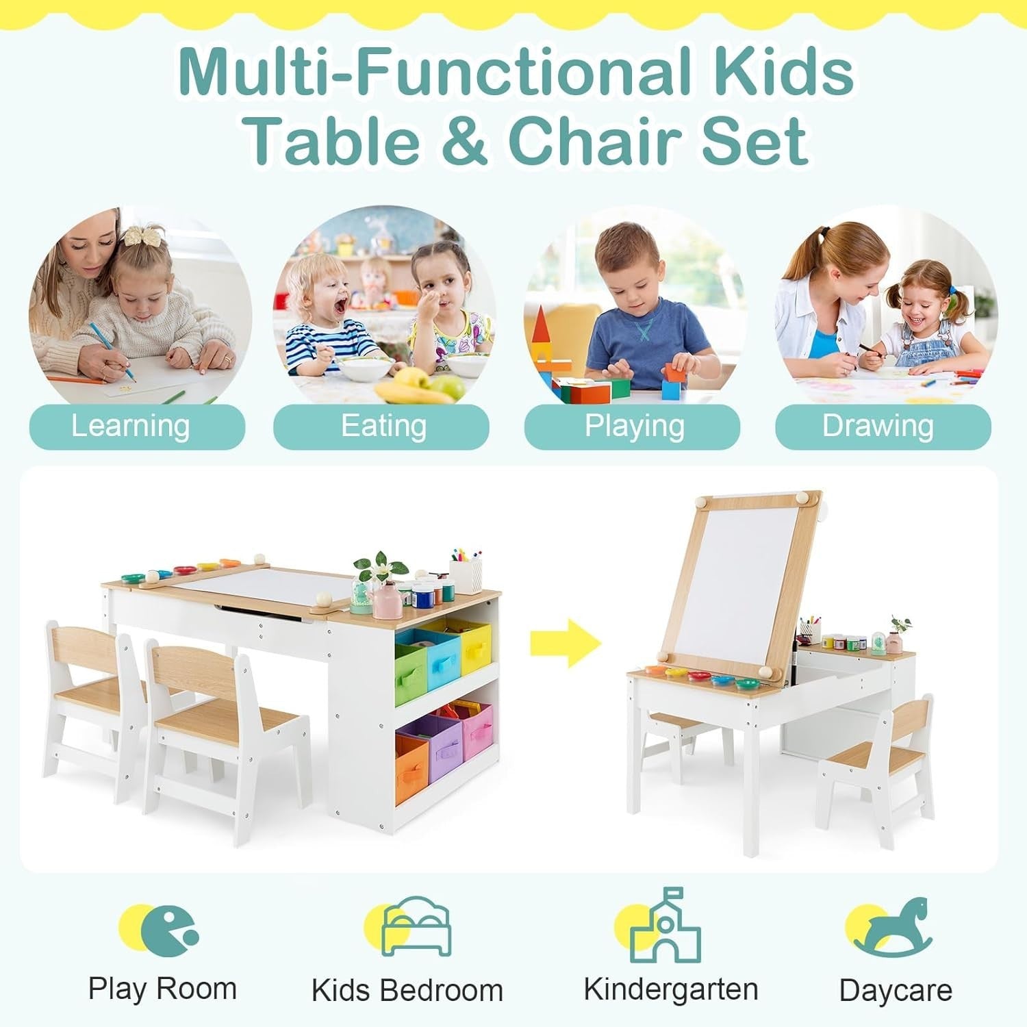 Wooden Kids Art Table & Chair Set w/ Easel, Storage Bins & Paint Cups 109cm