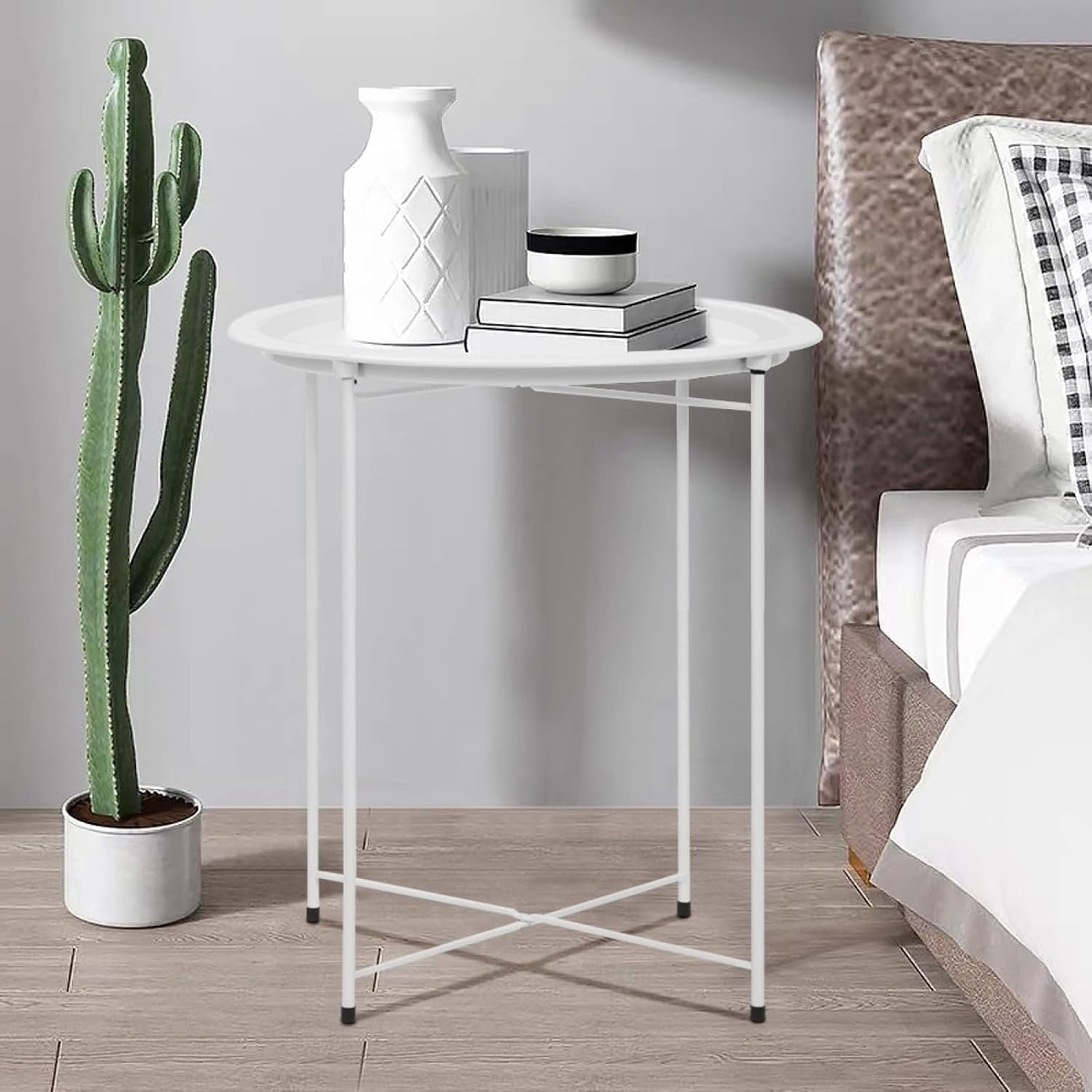 Round Tray Side Table with Removable Tray – 47x50cm Metal End Table