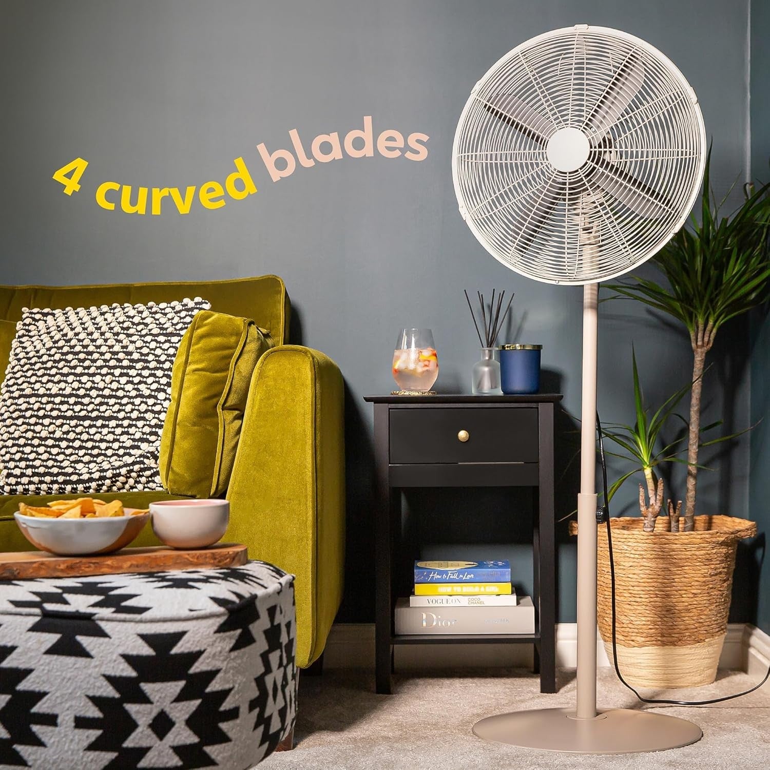 16" Greige Metal Pedestal Fan – 3-Speed Adjustable Height Oscillating Floor Fan