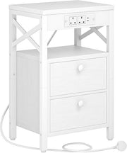 Modern White Bedside Table with Charging Ports, 2 Drawers & Open Shelf Storage