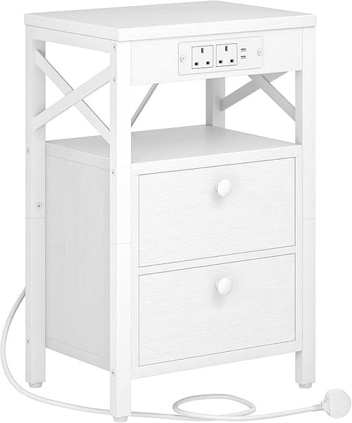 Modern White Bedside Table with Charging Ports, 2 Drawers & Open Shelf Storage