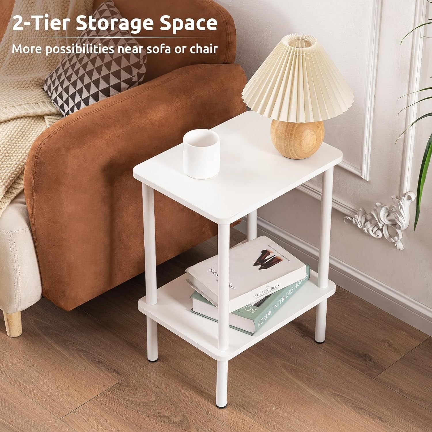 White 2-Tier Narrow Side Table with Shelf – Small Bedside End Table