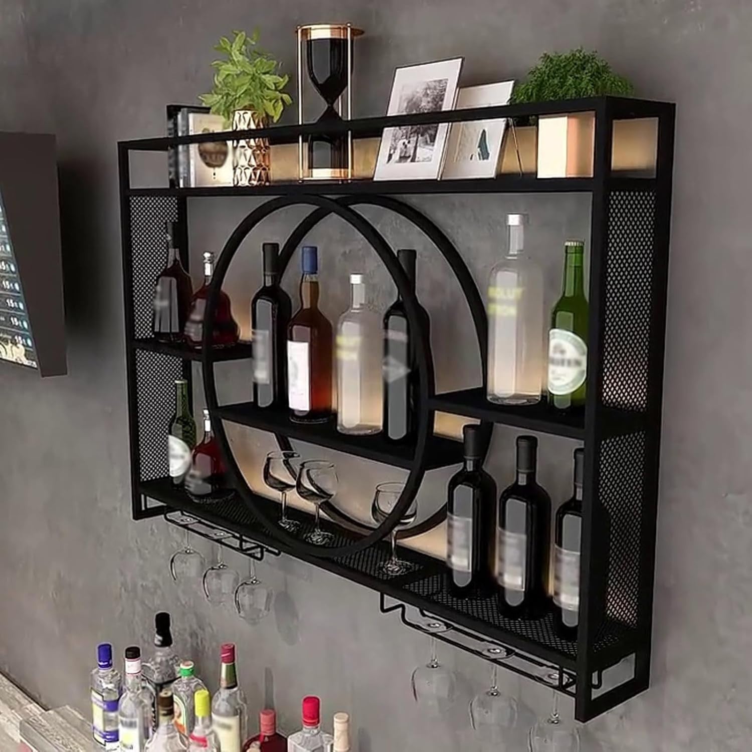 Wall Mounted Wine Rack with Glass Holder Modern Metal Bar Shelf 120cm Black