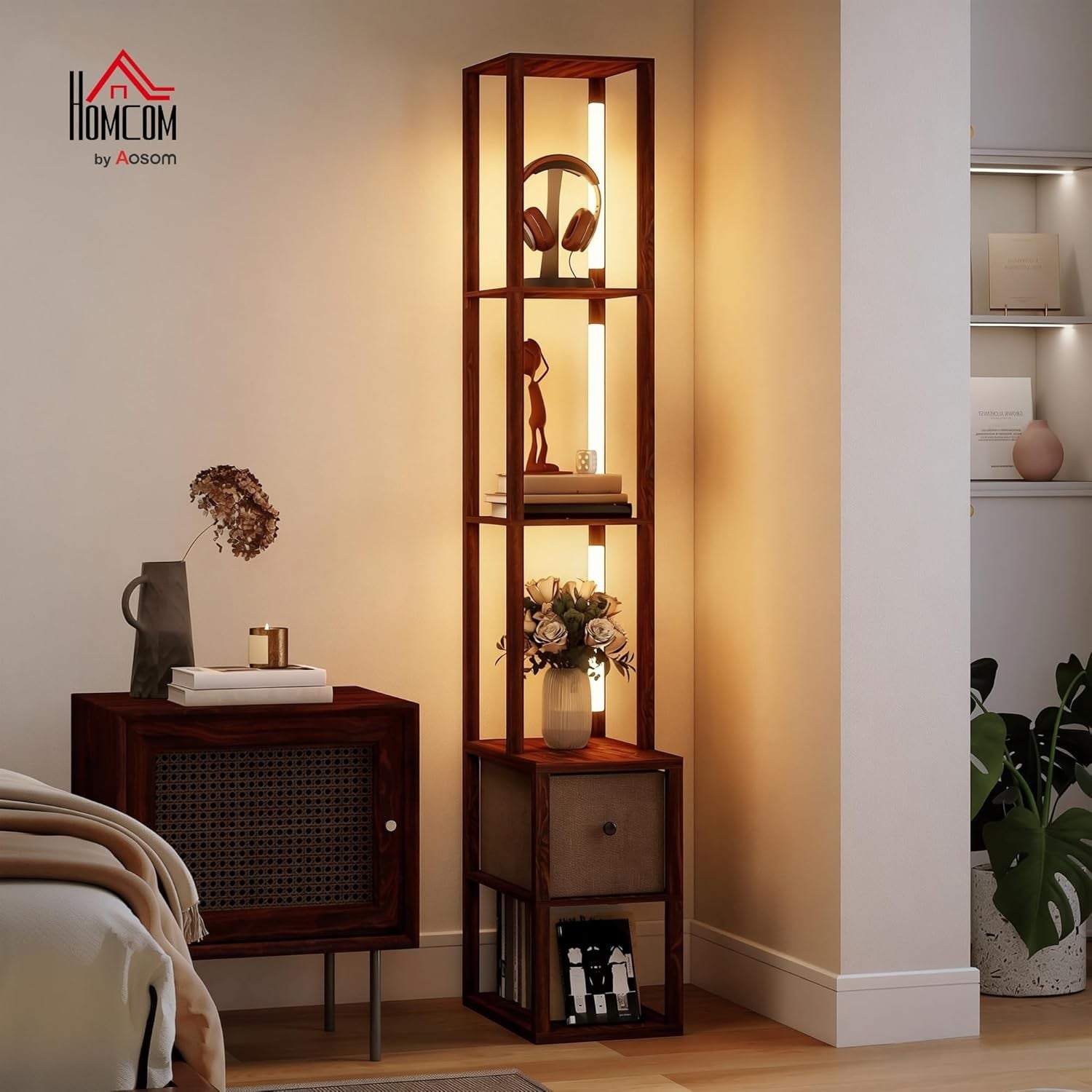 Floor Lamp with Shelves LED Column Storage Standing Lamp Adjustable Light