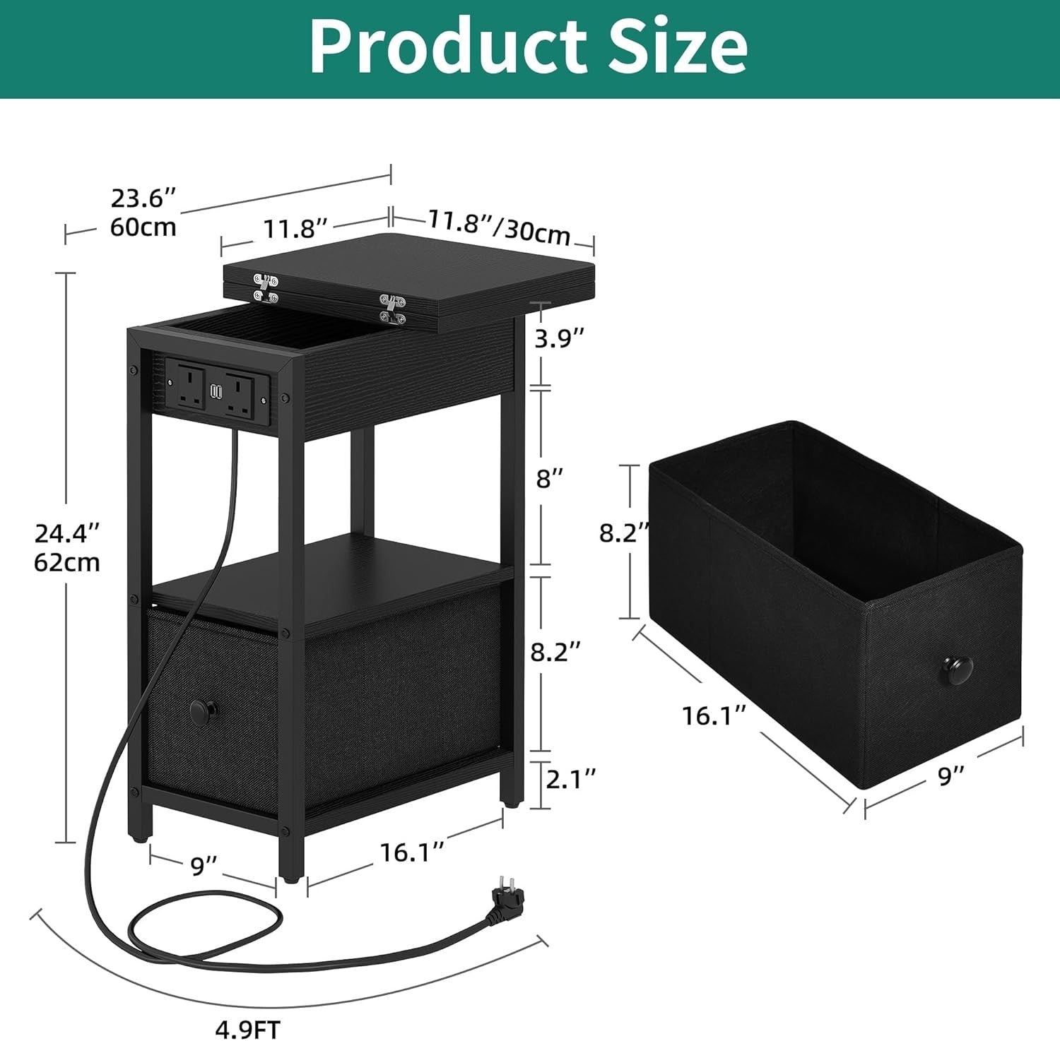 Slim Charging Side Table with USB Ports, Storage Shelf & Drawer for Bedroom