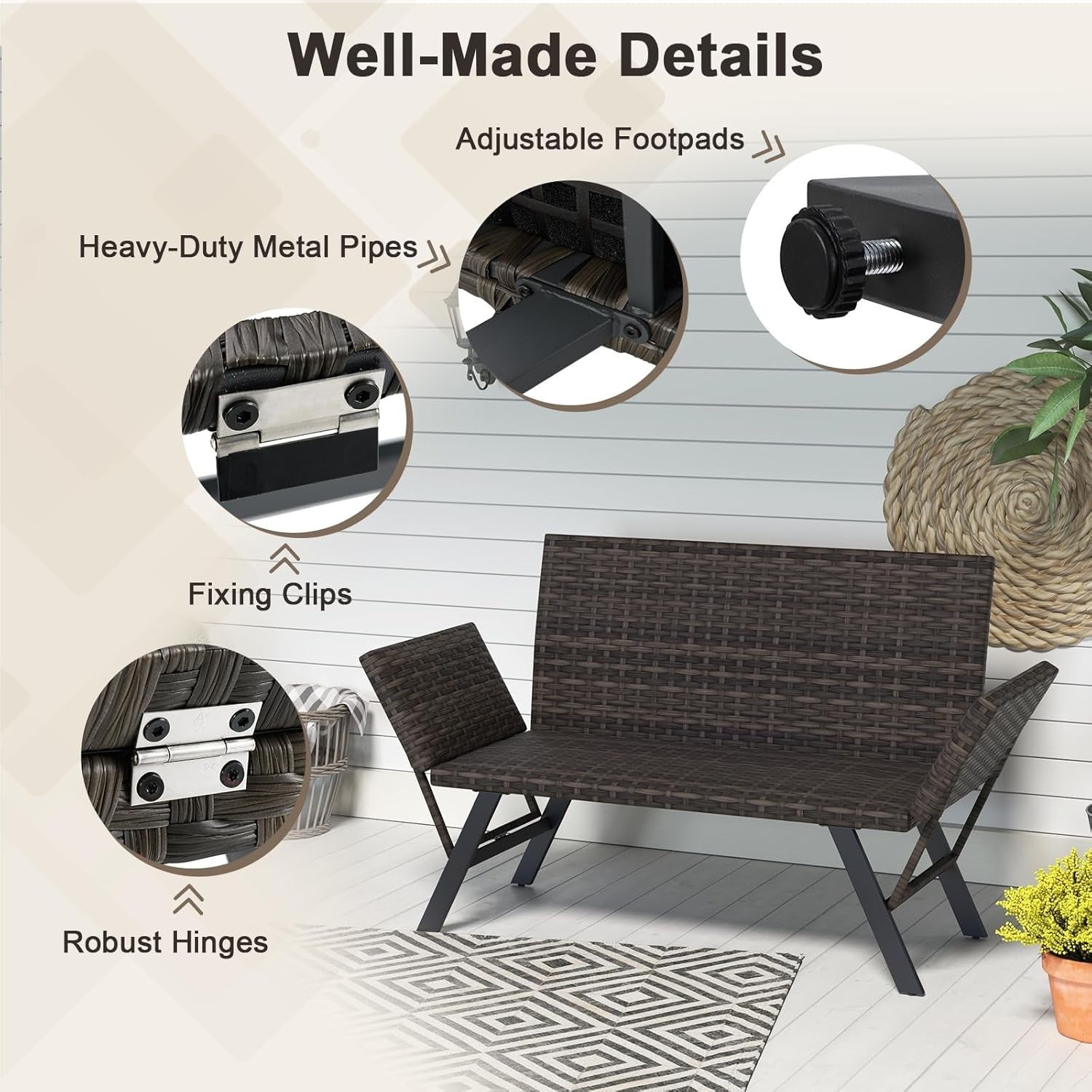 Convertible Rattan Daybed Sofa Lounger with Adjustable Arms for Patio