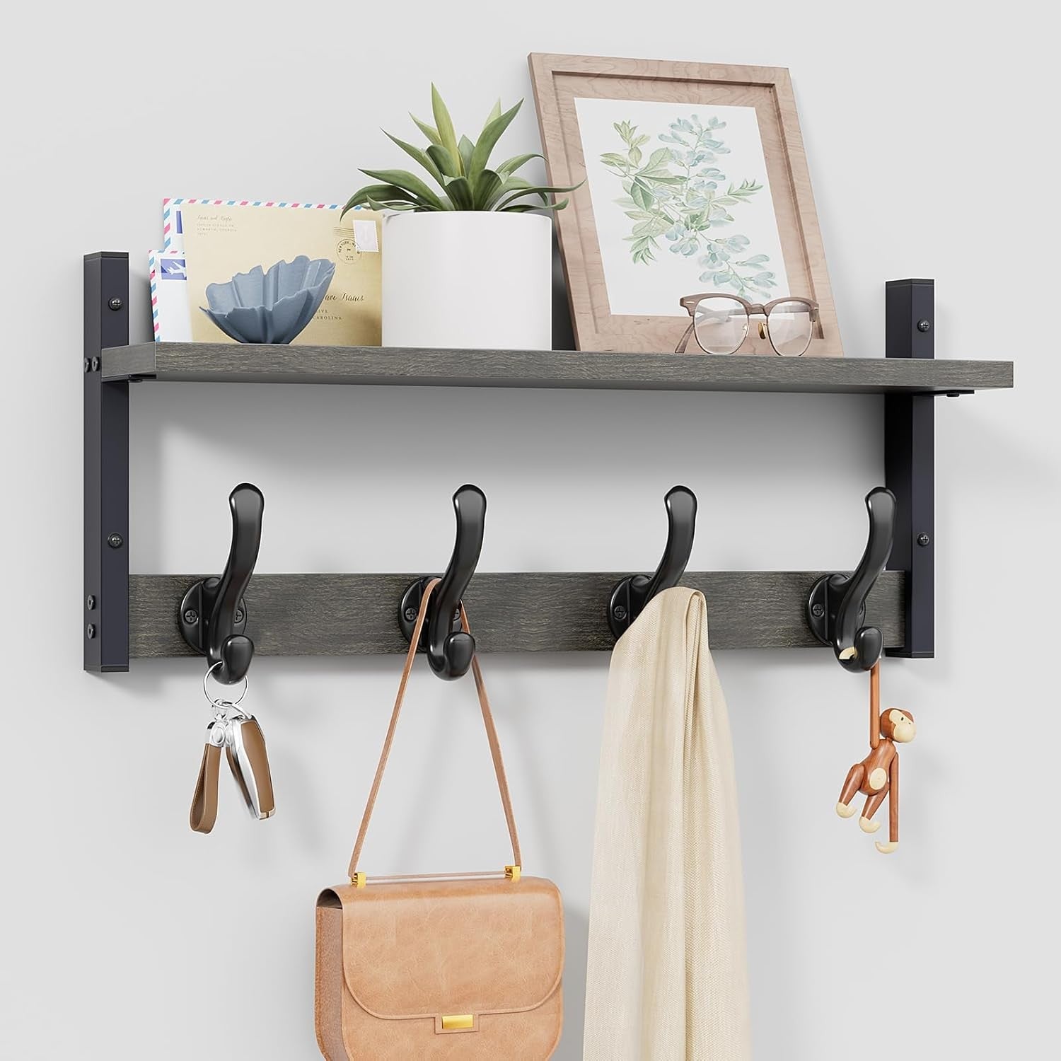 Wall Mounted Coat Rack with Shelf 20” | Rustic Ebony Hooks for Entryway