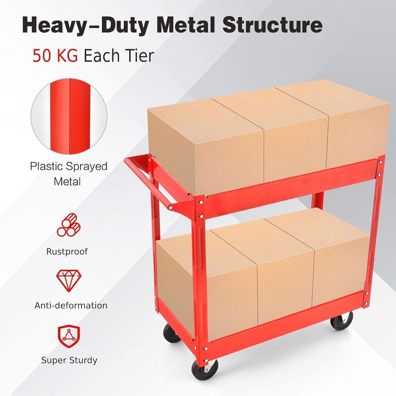 2 Tier Heavy Duty Rolling Utility Trolley Cart with Wheels Red