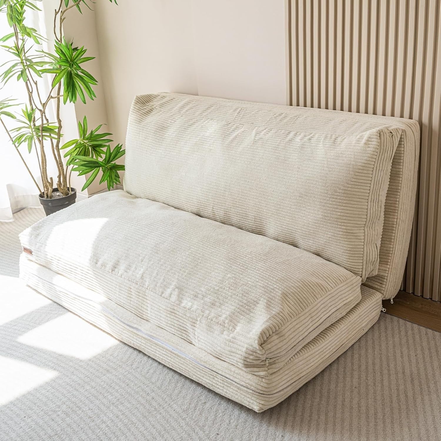Beige Corduroy Folding Floor Sofa Bed Chair 4 Fold Mattress Lounger 75x240