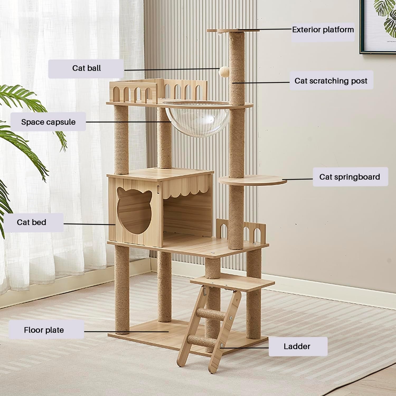 135cm Wooden Cat Tree Tower Condo Stairs Sisal Posts Modern Indoor Cats
