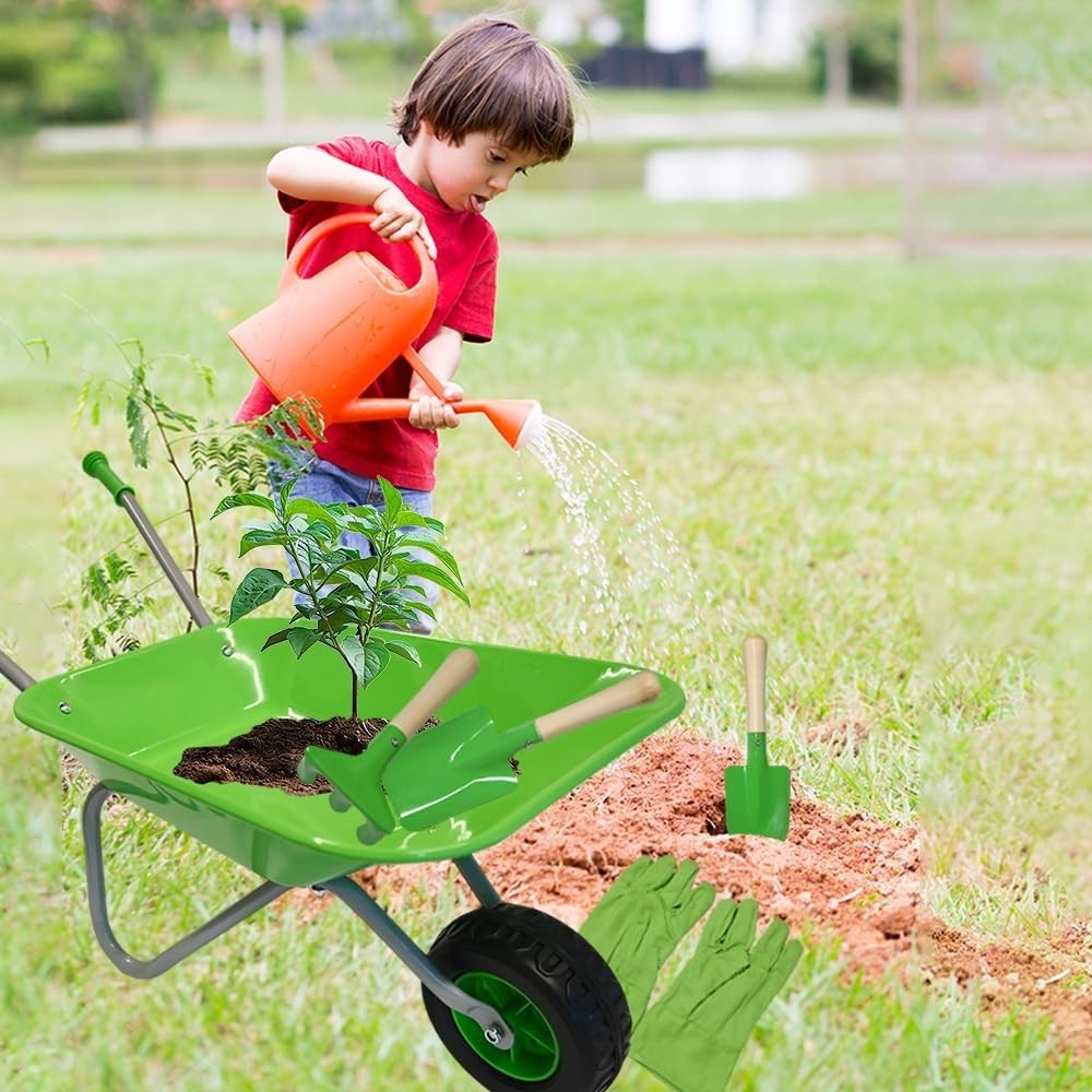 Kids Green Wheelbarrow Set 5pcs – Metal Toy Garden Tools w/ Gloves & Rake