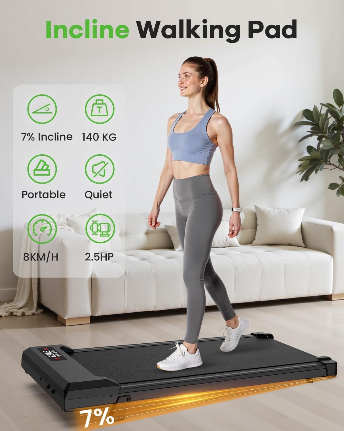 Under Desk Walking Treadmill 8KM/H 7% Incline Compact Home Office Fitness