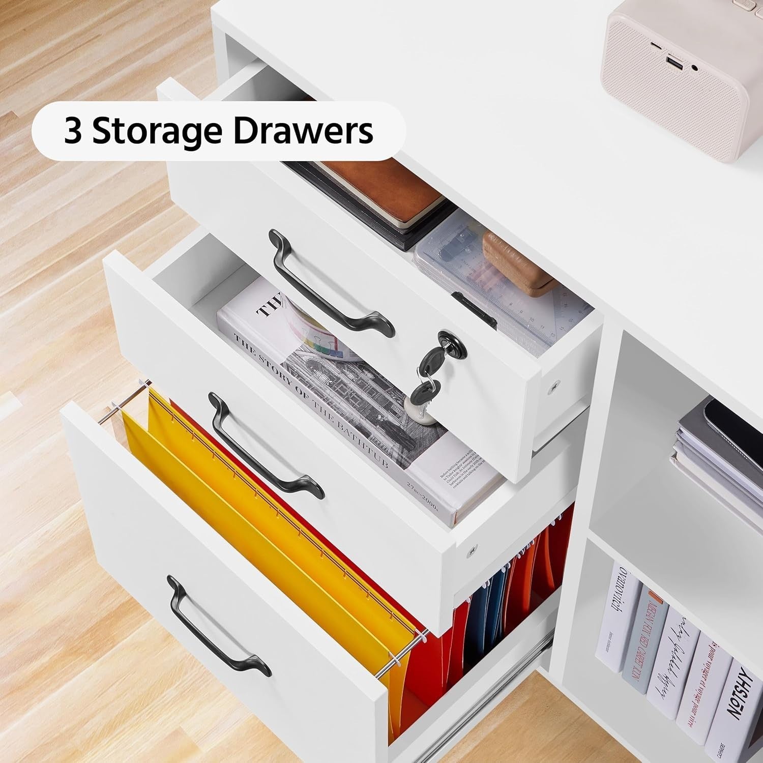 White Mobile Filing Cabinet with Drawers and Shelves Office Storage Unit