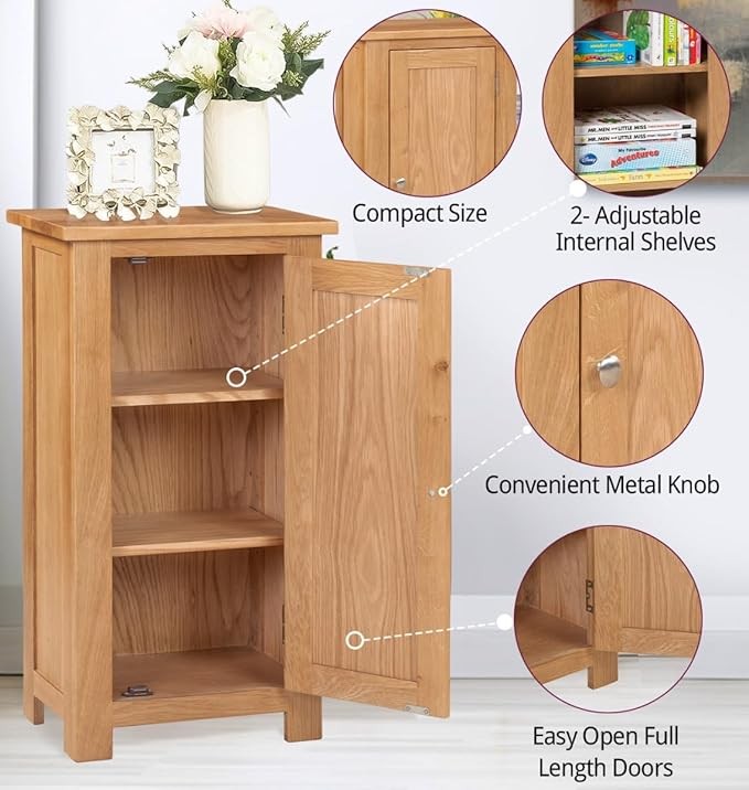 Solid Oak Small Storage Cupboard 1 Door Adjustable Shelves Hallway Cabinet