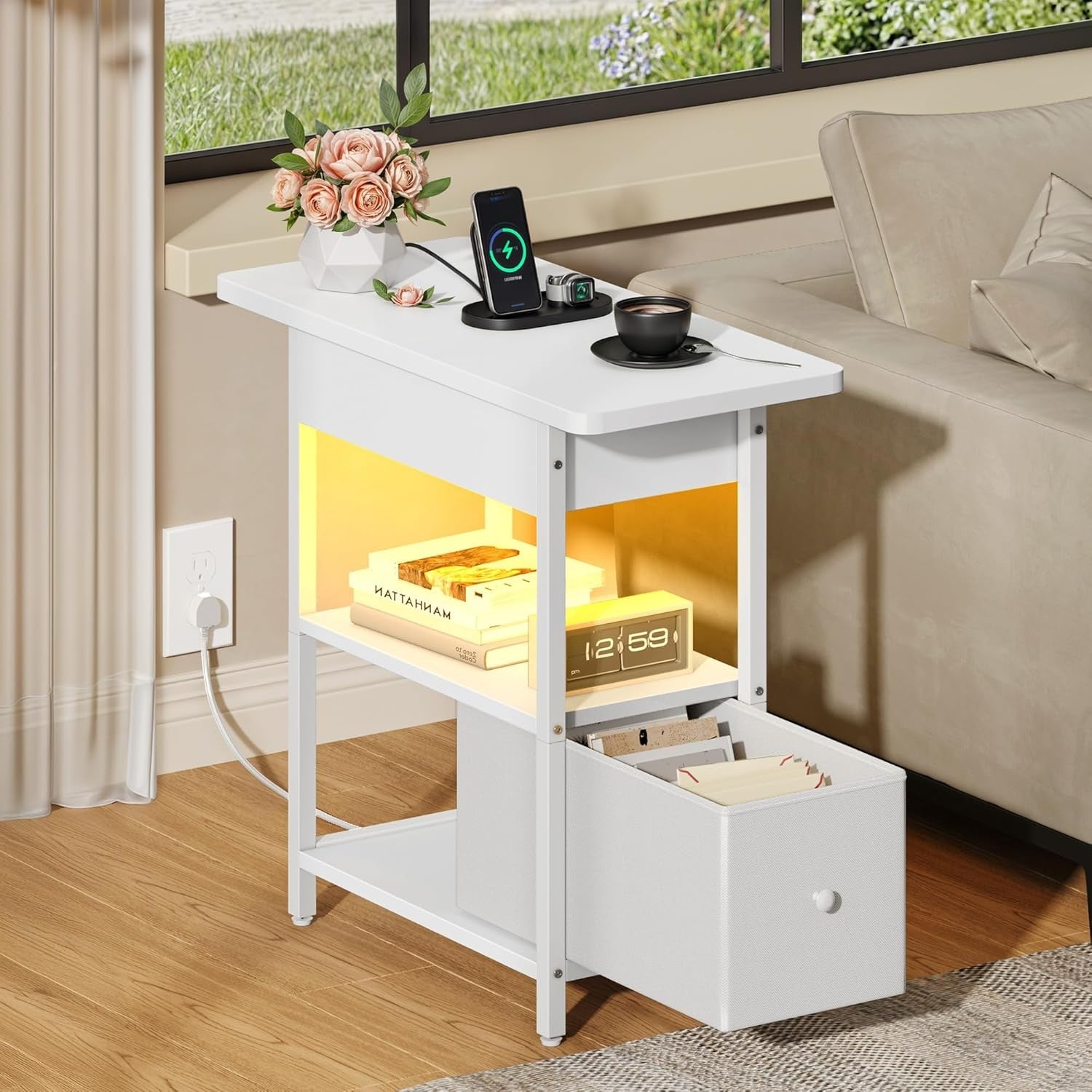 White Slim Side Table with Charging Station, LED Shelf, Drawer & Storage