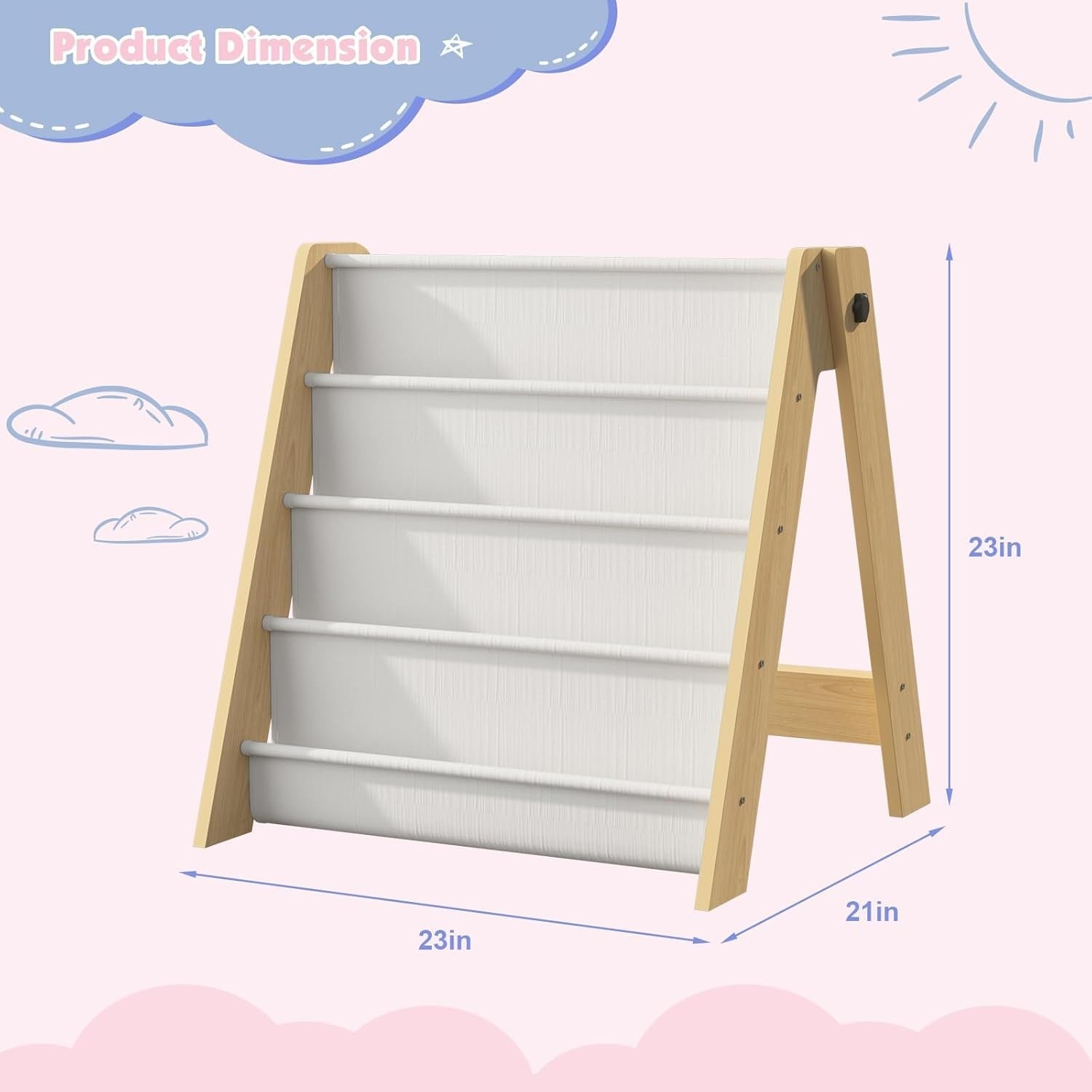 Kids 4 Tier Foldable Bookshelf with Deep Fabric Pockets, Durable Book Storage